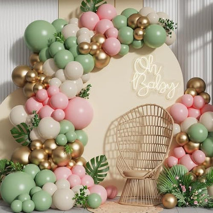 Baby in Bloom - Kit de arco de globos de 139 piezas, guirnalda de globos color verde salvia pastel y rosa para decoración de fiesta de cumpleaños de baby shower