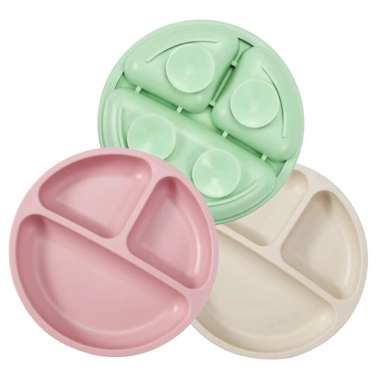 PandaEar Divided Unbreakable Silicone Baby and Toddler Plates - 3 Pack - Non-Slip - Dishwasher and Microwave Safe - Silicone (Blue Green Brown)