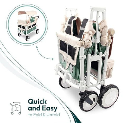 WONDERFOLD W4 Luxe Quad Stroller Wagon Featuring 4 High Face-to-Face Seats with Magnetic Buckle 5-Point Harnesses and Adjustable/Removable UV-Protection Canopy, Hunter Green
