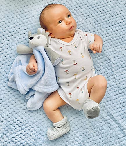 Baby Blue Bunny Security Blanket & Keepsake Box - Soft Fleece, Booties & Gift Basket - Unique Newborn Present