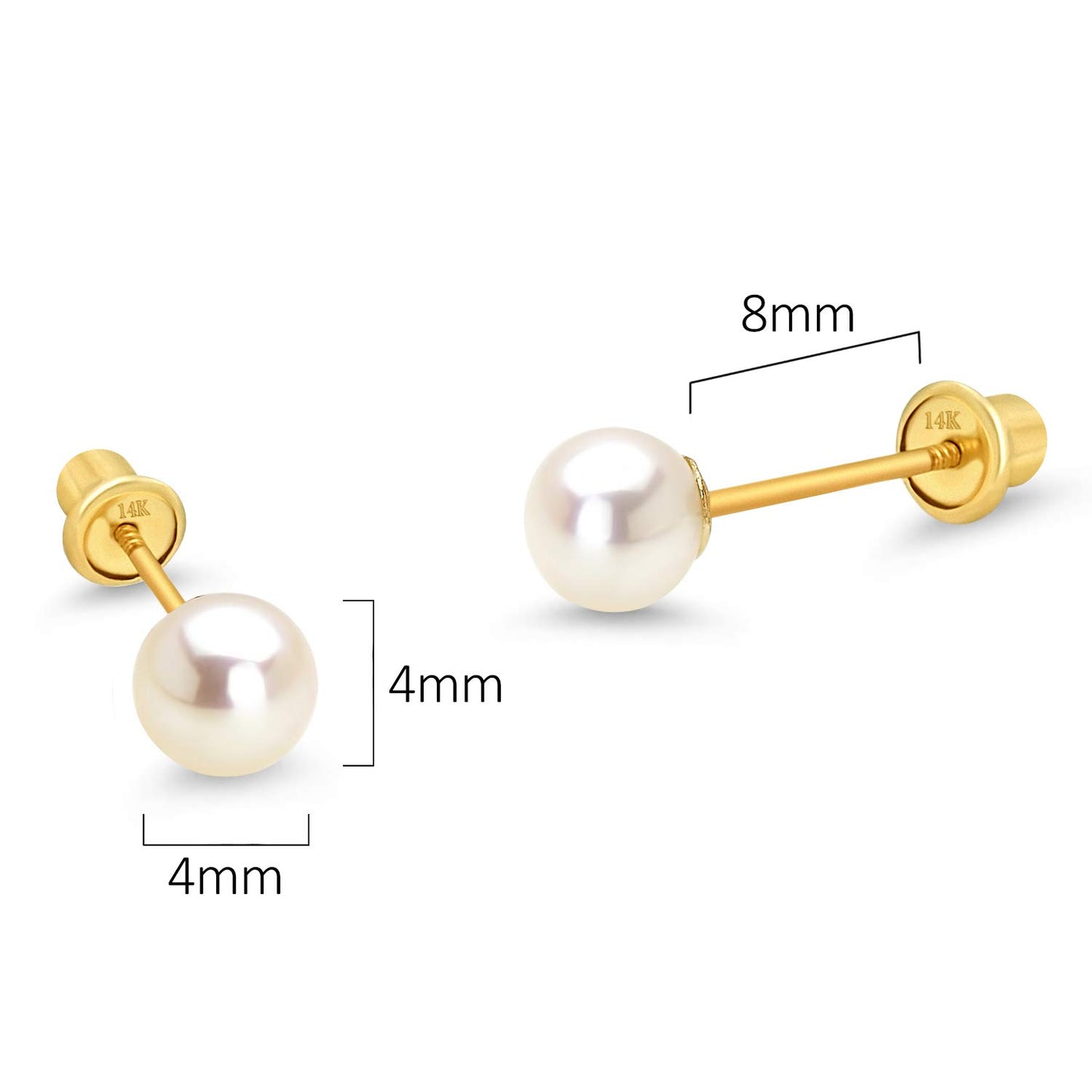 14k Yellow Gold 4-6mm Simulated Pearl Children Screw Back Baby Girls Earrings