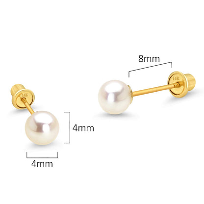 14k Yellow Gold 4-6mm Simulated Pearl Children Screw Back Baby Girls Earrings