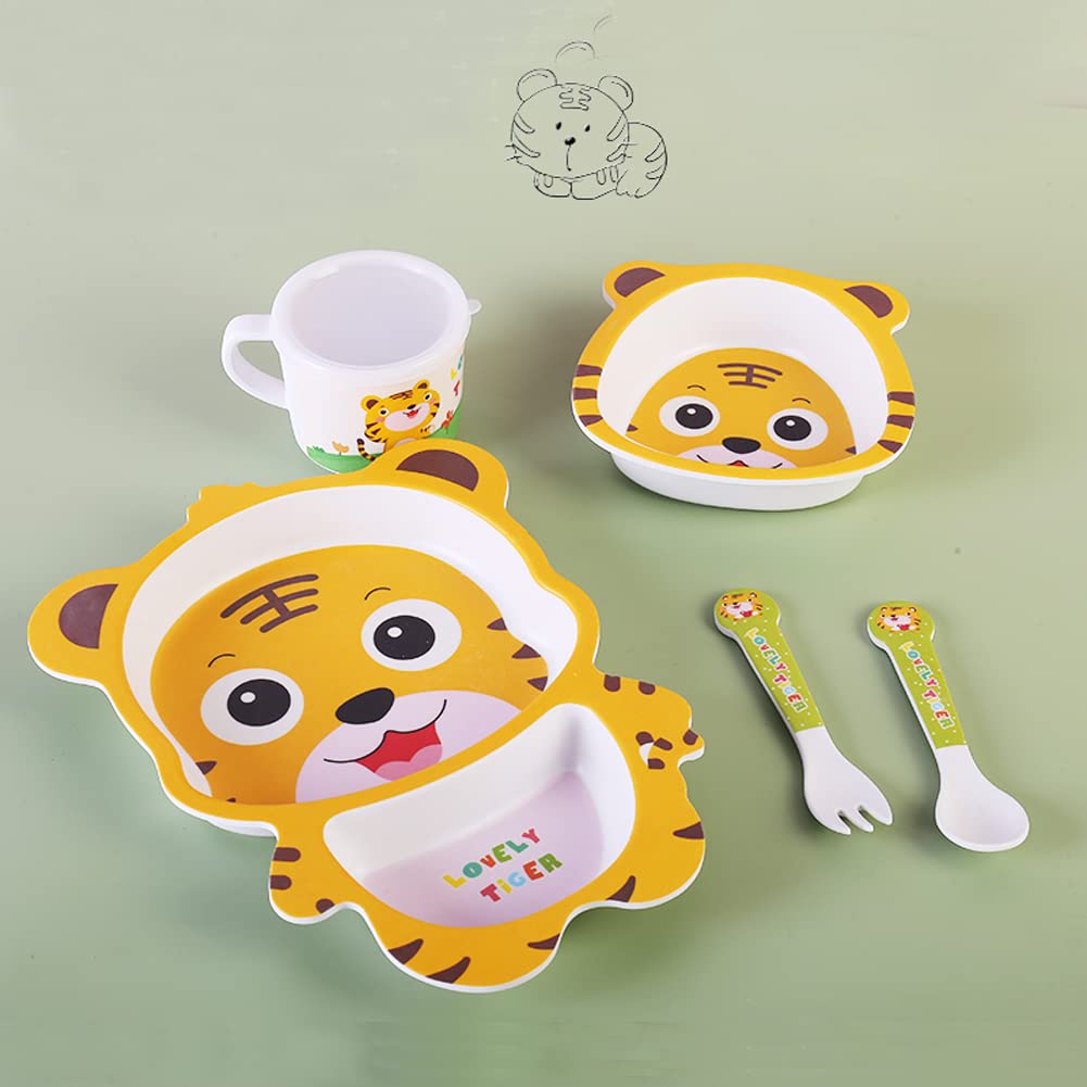 Bamboo Kids Dinnerware Set 5 Pcs Includes Plate Bowl Cup Fork Spoon Perfect for Kids BPA-Free (Little Dinosaur)