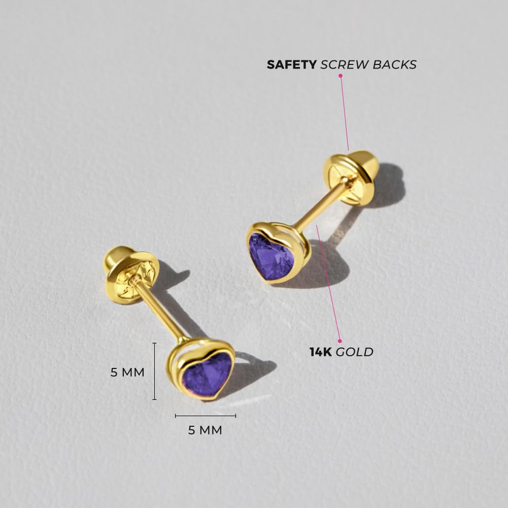 14k Yellow Gold 4mm Bezel Set Heart Cubic Zirconia Screw Back Earrings for Baby Girls, Toddlers and Young Girls - Cute Heart Earring Studs for Children with Locking Screw Backs for Kids