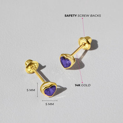 14k Yellow Gold 4mm Bezel Set Heart Cubic Zirconia Screw Back Earrings for Baby Girls, Toddlers and Young Girls - Cute Heart Earring Studs for Children with Locking Screw Backs for Kids