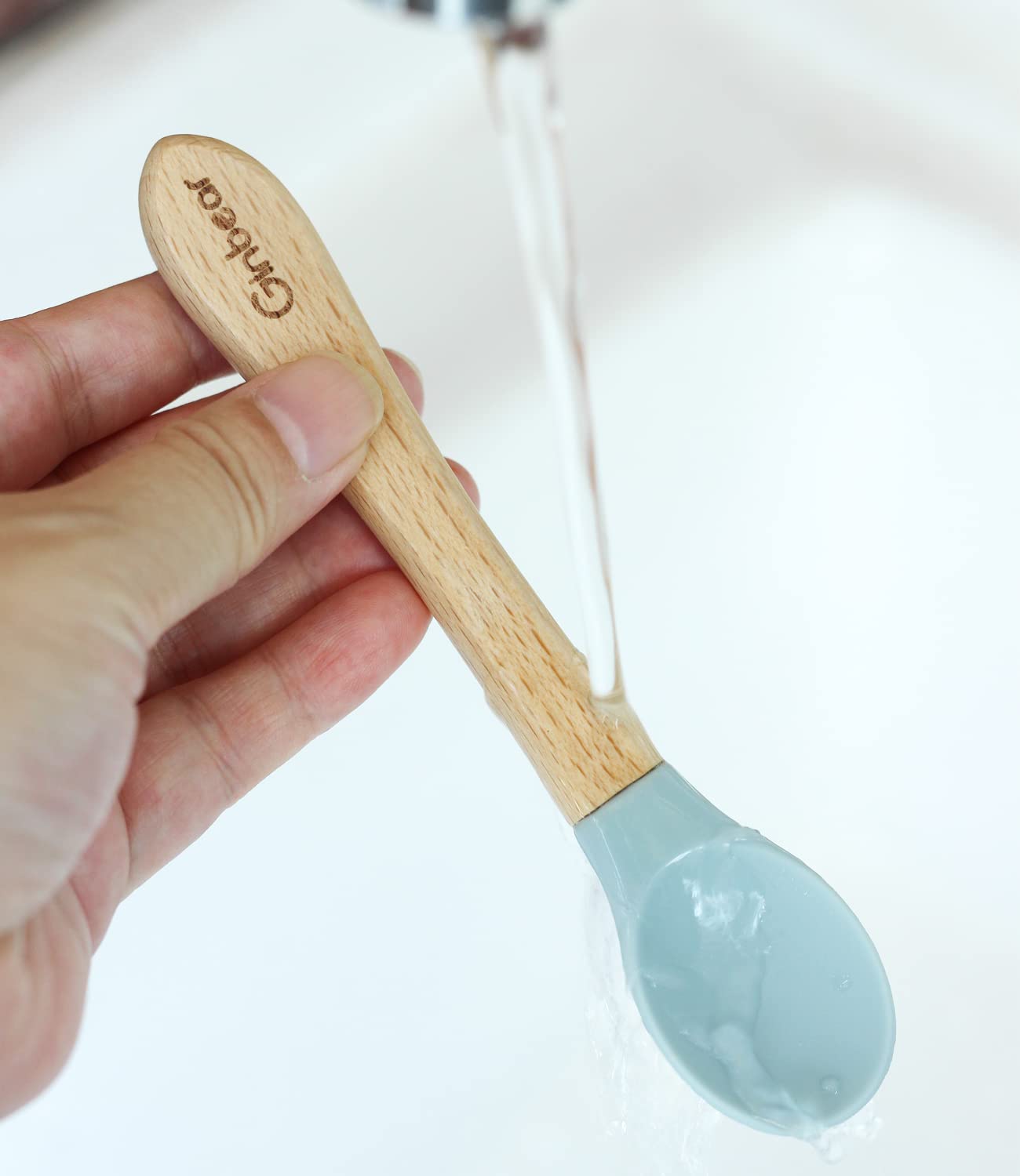 Ginbear Silicone Baby Spoons and Forks Self-feeding 12-18 Months, Soft-Tip Baby Flatware Sets, Toddler Feeding Utensils for Child, 4 Piece Set (Hazy Green/Almond)