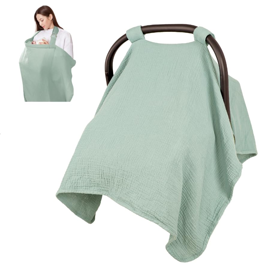 2 in 1 Muslin Infant Car Seat Cover, Multi-Purpose Breastfeeding Covers for Nursing, Breathable Carseat Cover for Baby Girls, Green