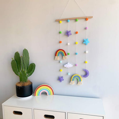 Macrame Rainbow Wall Hanging for Nursery Room,URMAGIC Rainbow Hanging Photo Display with Pom Pom Ball and 25 Photo Clips,Wood Mobile Bed Bell with Moon,Cloud and Stars,Baby Crib Hanging Toys