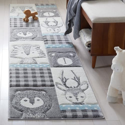 SAFAVIEH Carousel Kids Collection Area Rug - 5'3" Round, Grey & Ivory, Animal Design, Non-Shedding & Easy Care, Ideal for High Traffic Areas for Boys & Girls in Playroom, Nursery, Bedroom (CRK188B)