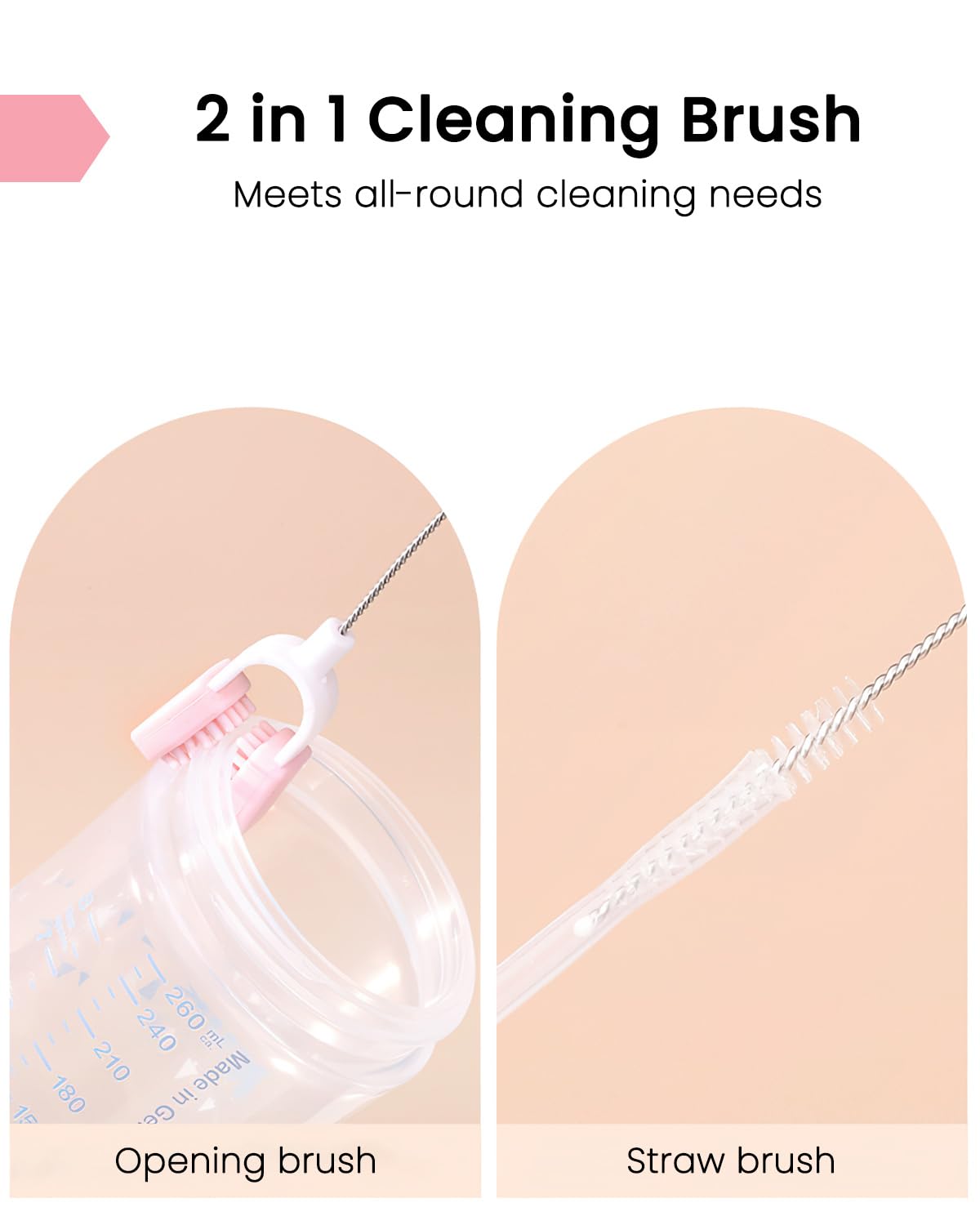 6-in-1 Travel Baby Bottle Brush Cleaning Kit, Travel Bottle Cleaner Kit with Silicone Bottle Brush, Nipple Brush, Straw Brush, Drying Rack, Dispenser, Organizer, Baby Travel Essential - Pink