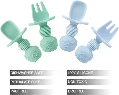 PandaEar 4 Pack Silicone Baby Spoons and Fork Feeding Set- Anti-Choke First Self Feeding Utensils for Baby Led Weaning Ages 3 Months (Cyan+Blue)