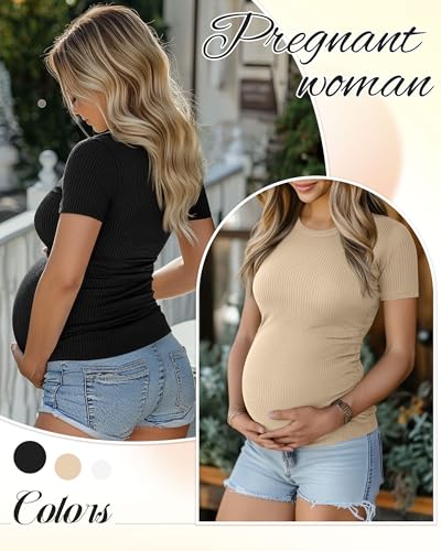 Ficerd 3 Pack Women's Maternity Shirts Cotton Short Sleeve Pregnancy Tops Side Ruched Ribbed Casual Mama tees Clothes
