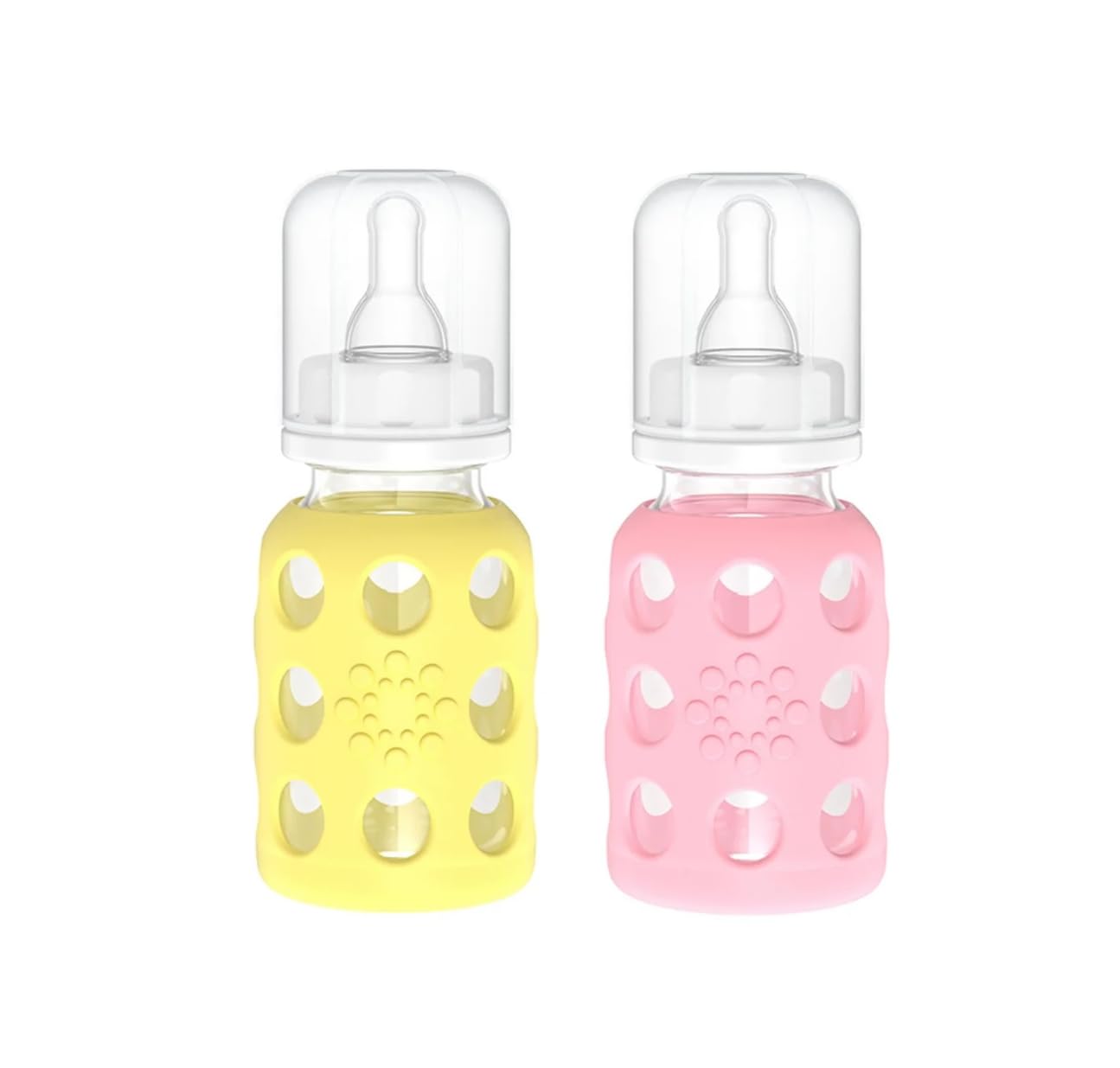 Lifefactory Glass Baby Bottles with Silicone Protection - 2-Pack, 4 oz Bottles, Pink & Banana