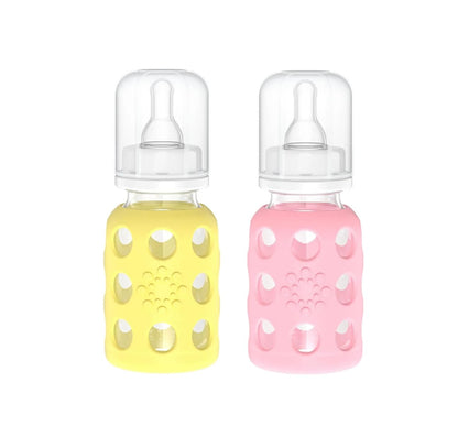 Lifefactory Glass Baby Bottles with Silicone Protection - 2-Pack, 4 oz Bottles, Pink & Banana