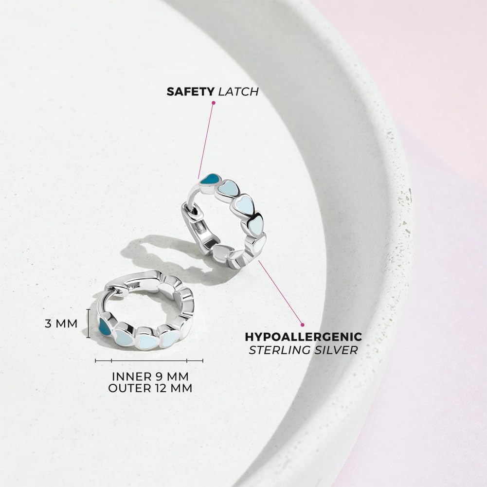 925 Sterling Silver Tiny Heart Enamel Huggie Hoop Earrings - Multicolored Heart Themed Hoops