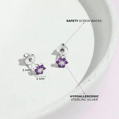 925 Sterling Silver Kids Earrings with 5mm Flower & Screw Backs for Young Girls - Dainty CZ Flower Screw Backs for Toddlers and Little Girls - Cubic Zirconia Floral Studs for Children