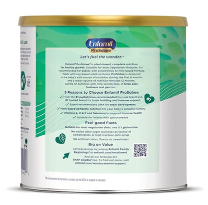 Enfamil Prosobee Plant based Baby Formula, for Sensitive Tummies, Soy-based Plant Sourced Protein, Vitamins for Immune Support, Lactose-free, Milk free, Gluten free, 20.9 Oz Can