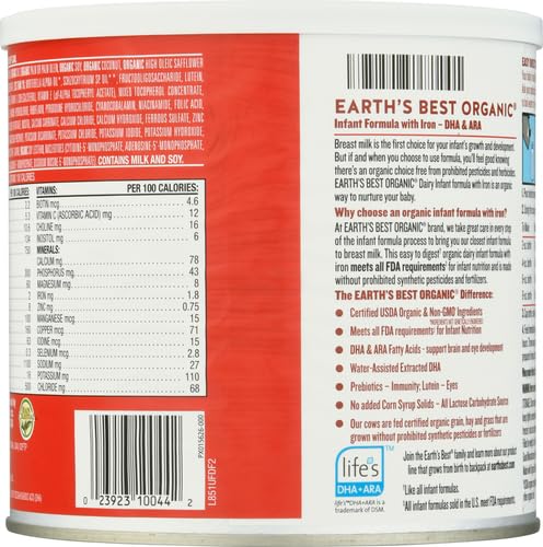 Earth's Best Organic Baby Formula for Babies 0-12 Months, Powdered Dairy Infant Formula with Iron, Omega-3 DHA, and Omega-6 ARA, 32 oz Formula Container