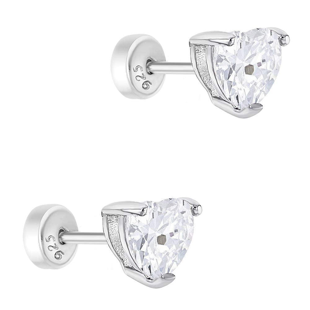 925 Sterling Silver Cubic Zirconia Heart-Shaped Solitaire Stud Girl's Earrings with Safety Push Back Locking 4mm- Excellent For Baby Girls, Toddlers & Young Girls- Best For Kids With Sensitive Ears
