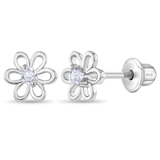 925 Sterling Silver CZ Flower Earrings - Hypoallergenic Screw Back Earrings for Girls & Toddlers - Lightweight, 7mm Flower Design