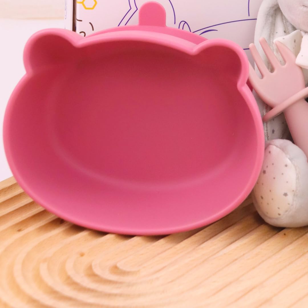 Bear Silicone Baby Bowl Suction Baby Spoon and Fork for Babies 6 months+ Suction Bowls for Baby Utensils 6-12M+ BLW Essentials (Peach Lilac)