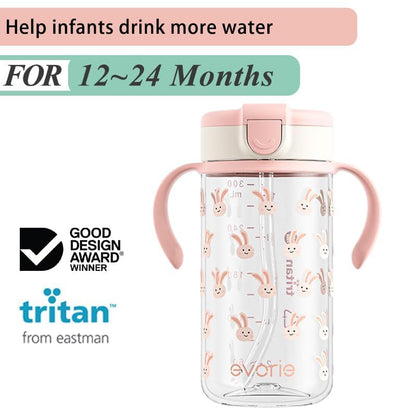 Evorie Tritan Spill Proof Toddler Straw Sippy Cup, 10 oz for Baby and Toddlers 1-3 Years Old, No Spill Straw Water Bottle with Removable Handles, Ideal for School, BPA-Free, Pink Rabbit