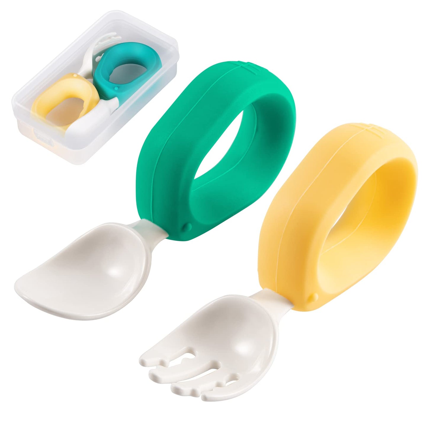 Baby Self Feeding Training Spoon and Fork Set with Travel Case, BPA-Free Cute Circle Toddler Training Utensils, Silicone/ABS Great Tableware Set Spoons Fork for Kids(Yellow)