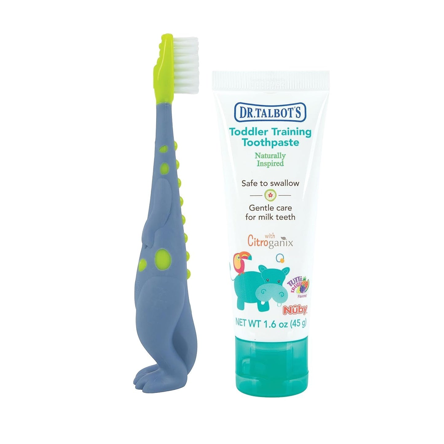 Dr. Talbot's Toddler Training Toothbrush and Natural Kids Toothpaste with Citroganix - 1.6 oz - Fluoride-Free Toothpaste and Toddler Toothbrush - 6+ Months - Alligator