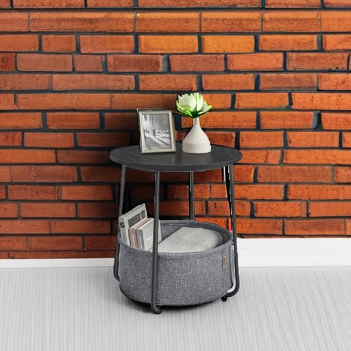 VASAGLE End Table, Small Bedside Table with Fabric Basket, Modern Nightstand, Round Side Table, for Living Room, Bedroom, Matte White and Camel Brown ULET223W10