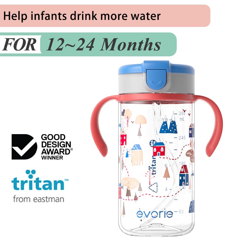 Evorie Tritan Spill Proof Toddler Straw Sippy Cup, 10 oz for Baby and Toddlers 1-3 Years Old, No Spill Straw Water Bottle with Removable Handles, Ideal for School, BPA-Free, Pink Rabbit