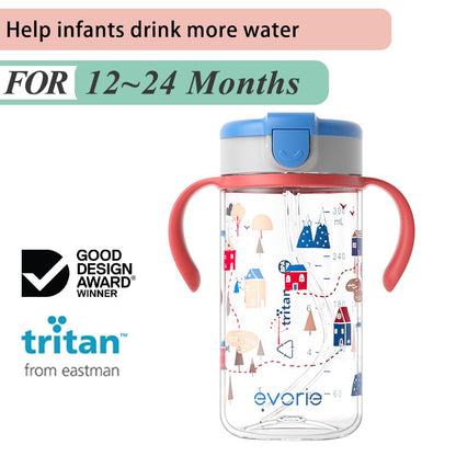 Evorie Tritan Spill Proof Toddler Straw Sippy Cup, 10 oz for Baby and Toddlers 1-3 Years Old, No Spill Straw Water Bottle with Removable Handles, Ideal for School, BPA-Free, Pink Rabbit
