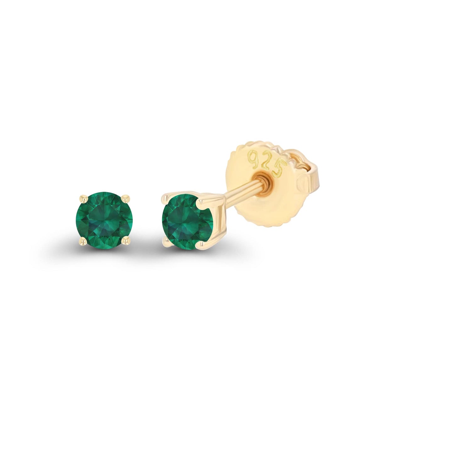 14K Gold Plated 925 Sterling Silver Hypoallergenic 3mm Round Genuine Birthstone Solitaire Screwback Stud Earrings