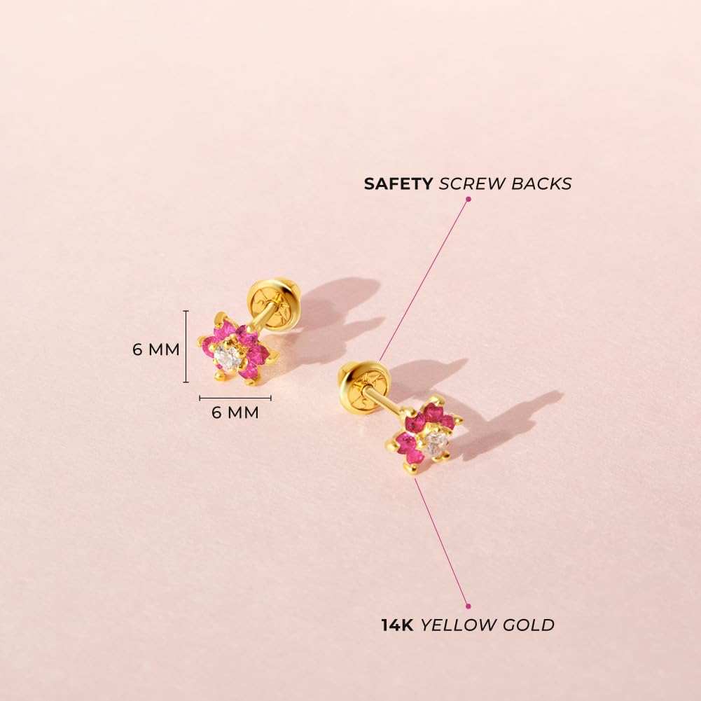 14k Yellow Gold Colorful Cubic Zirconia Flower Studs - Screw Back Earrings for Toddlers & Little Girls - Casual & Sparkly Flower Earrings for Children