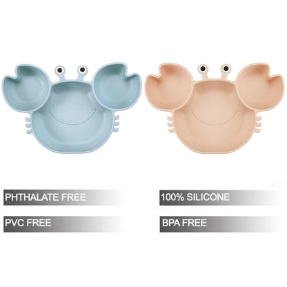 PandaEar 2 Pack Silicone Suction Plate for Baby, Divided Unbreakable Toddler Food Plate with 2 Pack Spoons for Self Feeding, Toddler Utensils Feeding Set Baby Eating Supplies, Crab Shape -Blue&Green