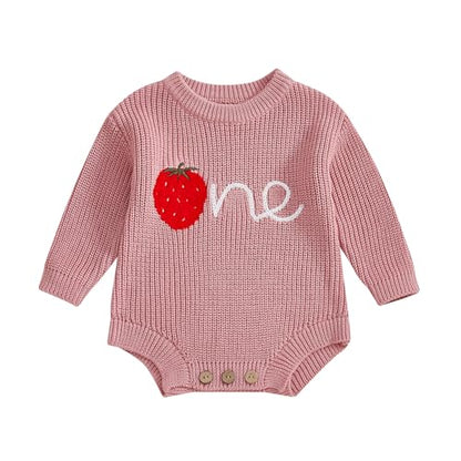 Baby Girl First Birthday Outfit One Year Old Strawberry Embroidery Knit Sweater Romper Warm Fall Winter Clothes