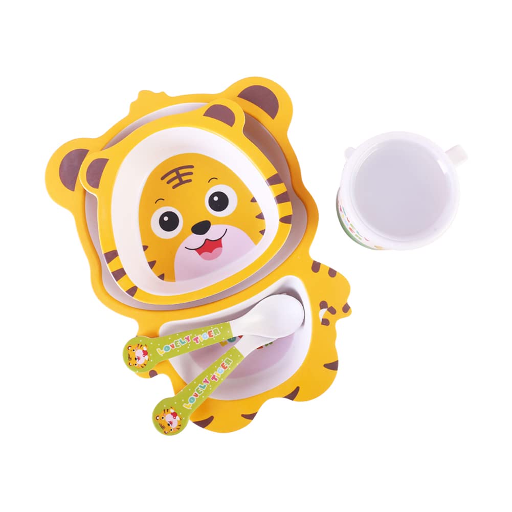 Bamboo Kids Dinnerware Set 5 Pcs Includes Plate Bowl Cup Fork Spoon Perfect for Kids BPA-Free (Little Dinosaur)