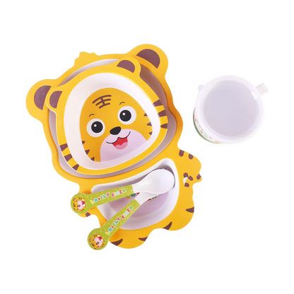 Bamboo Kids Dinnerware Set 5 Pcs Includes Plate Bowl Cup Fork Spoon Perfect for Kids BPA-Free (Little Dinosaur)