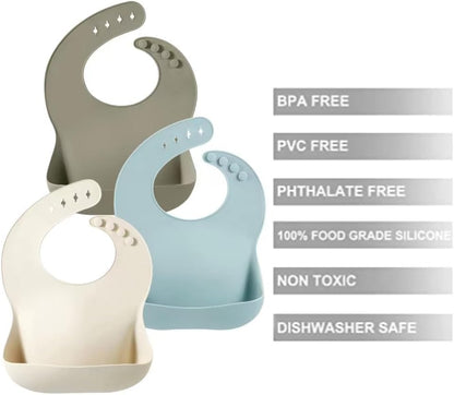 PandaEar Silicone Baby Bibs Set of 3 for Toddlers, BPA Free Waterproof Adjustable Feeding Bib with Large Pocket Food Catcher
