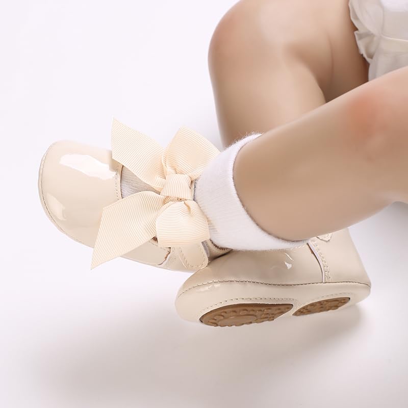 LAFEGEN Baby Girls Mary Jane Flats with Bownot Non Slip Soft Sole PU Leather Newborn Infant Toddler First Walker Cirb Dress Shoes