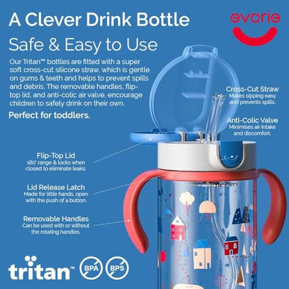 Evorie Tritan Spill Proof Toddler Straw Sippy Cup, 10 oz for Baby and Toddlers 1-3 Years Old, No Spill Straw Water Bottle with Removable Handles, Ideal for School, BPA-Free, Pink Rabbit