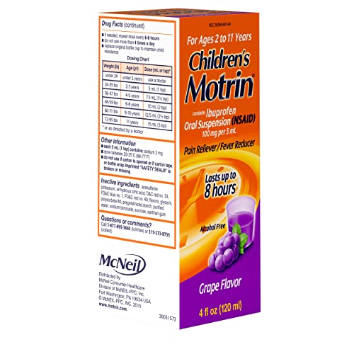 Motrin Children's Oral Suspension 100mg Ibuprofen Medicine, NSAID Fever Reducer & Pain Reliever for Minor Aches & Pains Due to Cold & Flu, Dye Free, Alcohol-Free, Berry Flavored, 8 fl. oz