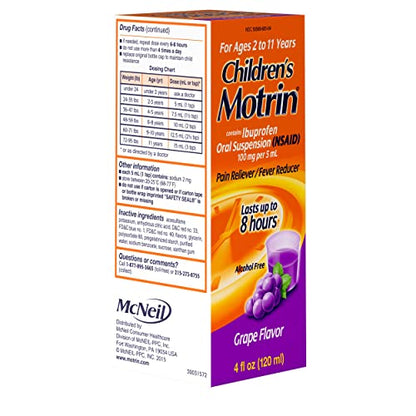 Motrin Children's Oral Suspension 100mg Ibuprofen Medicine, NSAID Fever Reducer & Pain Reliever for Minor Aches & Pains Due to Cold & Flu, Dye Free, Alcohol-Free, Berry Flavored, 8 fl. oz