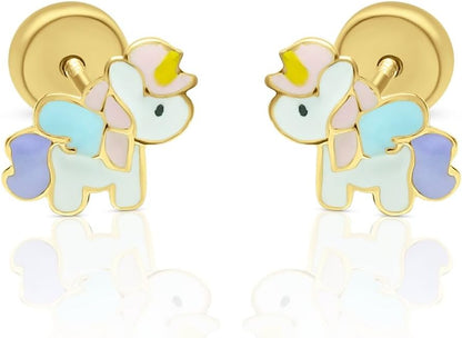 Five Star Jewelers 14k Solid Gold Unicorn Stud Earrings for Girls - Hypoallergenic Kids Jewelry with Secure Screw Back - Adorable Vibrant Enamel Design - Little Girl Earrings - Gift Box