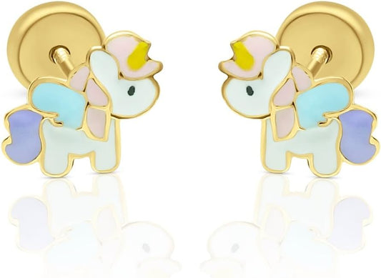 Five Star Jewelers 14k Solid Gold Unicorn Stud Earrings for Girls - Hypoallergenic Kids Jewelry with Secure Screw Back - Adorable Vibrant Enamel Design - Little Girl Earrings - Gift Box