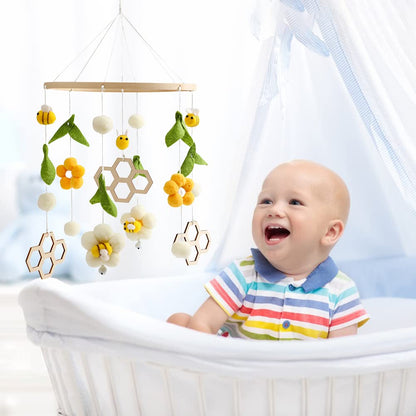 Baby Crib Mobile Wooden Wind Chime Bed Bell, Nursery Mobile Crib Rattle Bedroom Ceiling Wind Chime Hanging Bees Plush Flower Wooden Rotating Toy Newborn Bed Decor (Pink)