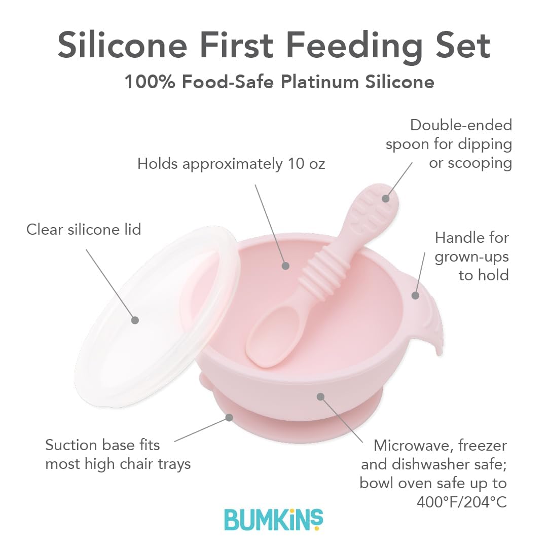 Bumkins Baby Bowls, Disney Minnie Mouse Silicone Baby Feeding Set, Suction Bowls for Baby and Toddler with Spoon, First Feeding Set, Platinum Silicone Bowl for Babies 4 Months