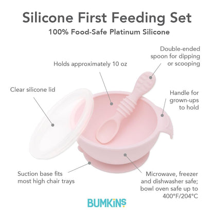 Bumkins Baby Bowls, Disney Minnie Mouse Silicone Baby Feeding Set, Suction Bowls for Baby and Toddler with Spoon, First Feeding Set, Platinum Silicone Bowl for Babies 4 Months