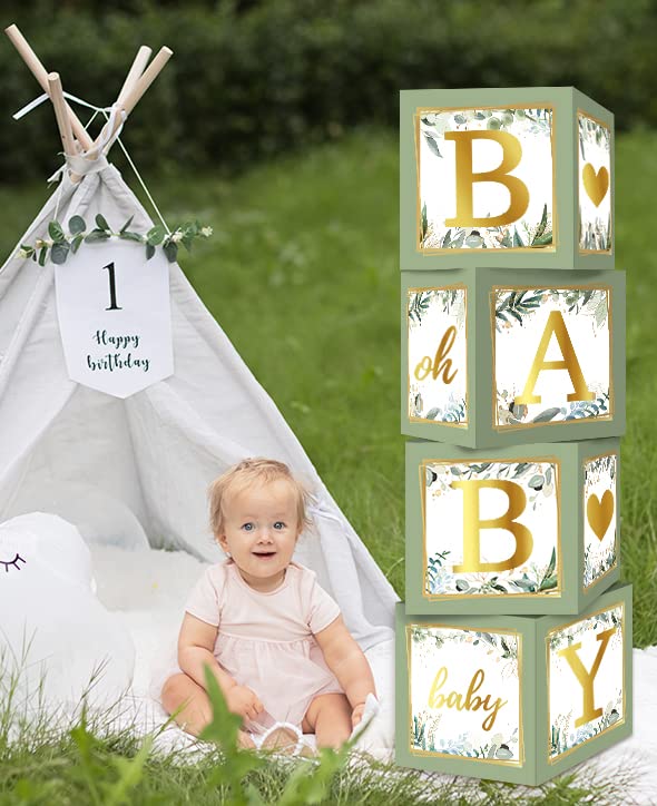RUBFAC Sage Green Baby Boxes with Letters for Baby Shower, 4pcs Safari Baby Shower Decorations for Boy Girl Balloon Boxes Gender Reveal Birthday Party Favors