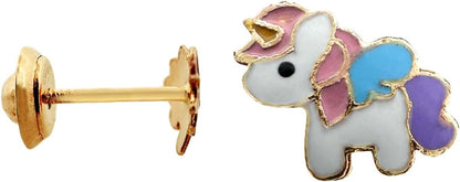 Five Star Jewelers 14k Solid Gold Unicorn Stud Earrings for Girls - Hypoallergenic Kids Jewelry with Secure Screw Back - Adorable Vibrant Enamel Design - Little Girl Earrings - Gift Box