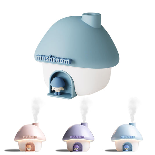 Cute Mushroom House Humidifier, 300ml Small Cool Mist Humidifers, USB Rechargeable Mini Portable Air Humidifer with Night Light for Bedroom, Office, Car, Travel, Indoor Plants (Purple)
